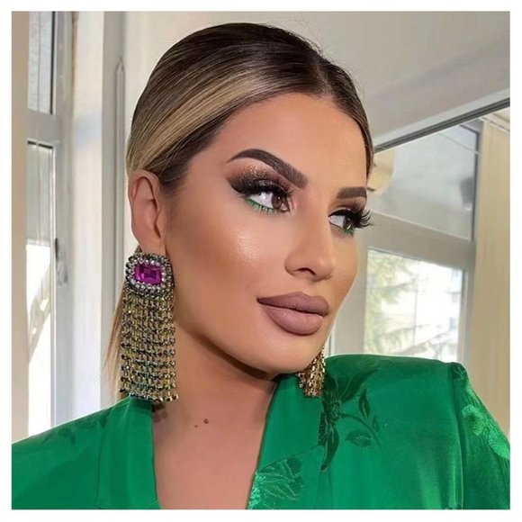 Fuchsia earrings large pink & green fringe long emerald crystal dark green - Picture 6 of 10